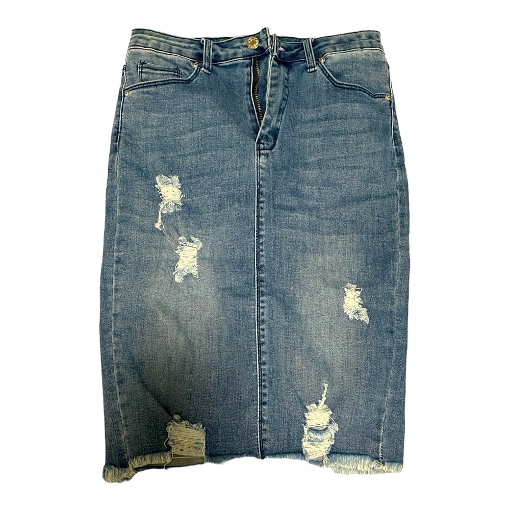 Womens jeans skirt with rips and a slit in back